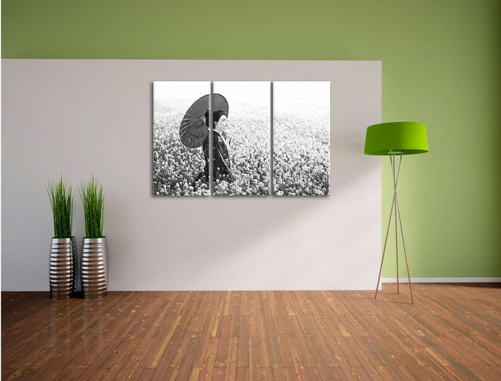 Pixxprint Geisha auf dem Feld Kunst B&amp;W / 3-Teilig/Gesamtmass 120cm Leinwandbild bespannt auf Holzra