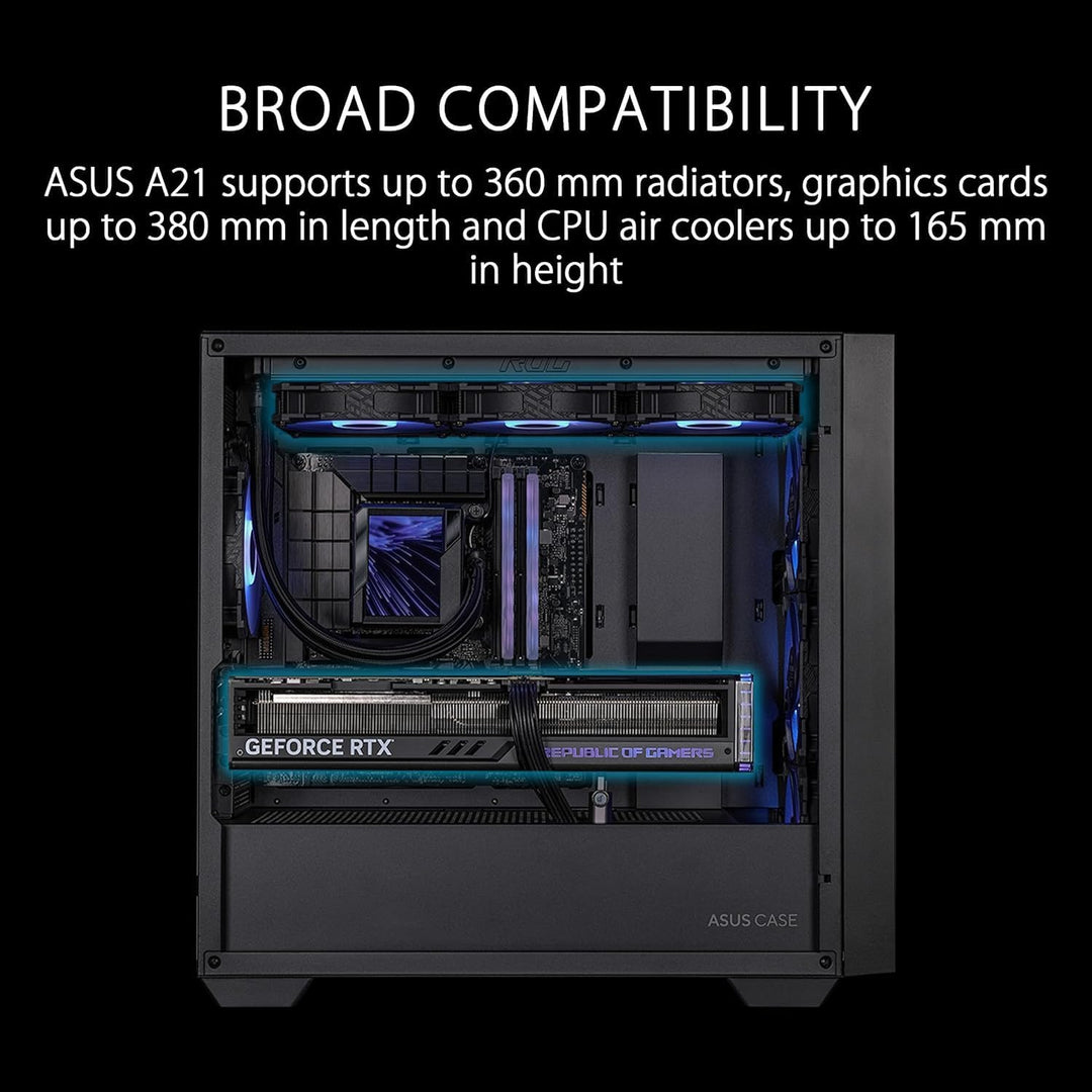 ASUS A21 Micro-ATX Gaming Gehäuse Black (kompatibel mit 360 mm Radiatoren, 380 mm Grafikkarten, Fron