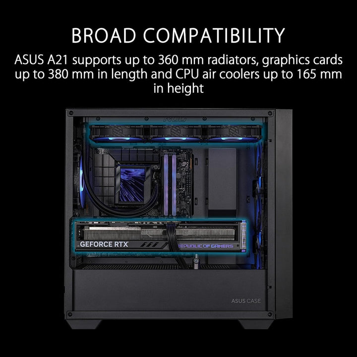 ASUS A21 Micro-ATX Gaming Gehäuse Black (kompatibel mit 360 mm Radiatoren, 380 mm Grafikkarten, Fron