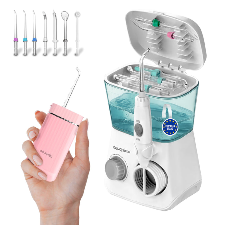Aquapik® DUO Munddusche Aquapik® 100 Desktop + Aquapik® Mini, tragbar, von Zahnärzten empfohlen + Pl