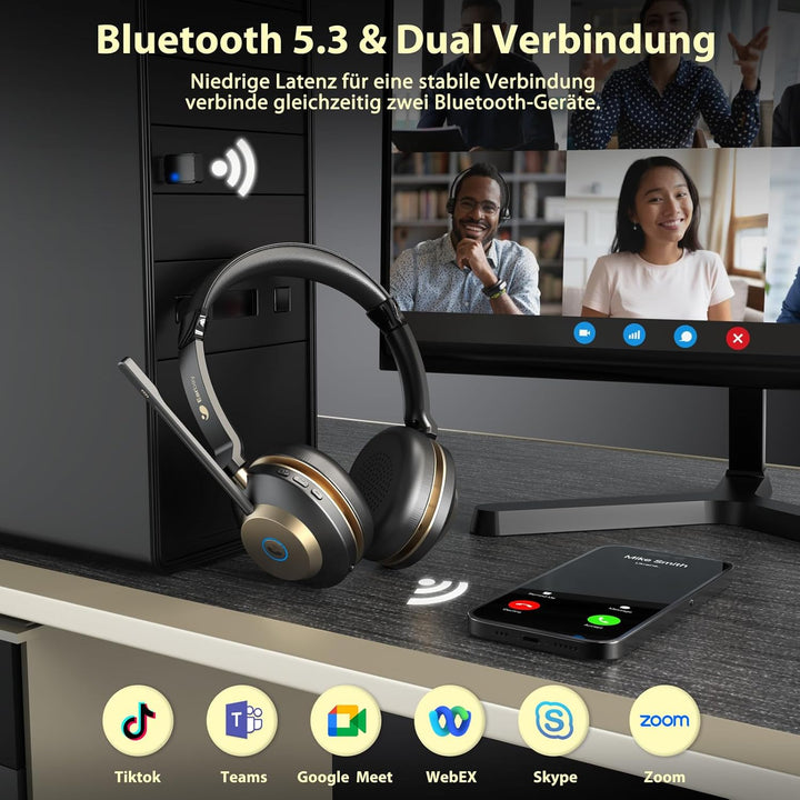 Earbay Kabelloses Headset, Bluetooth Headset mit Mikrofon Rauschunterdrückung & USB-Dongle, Kabellos