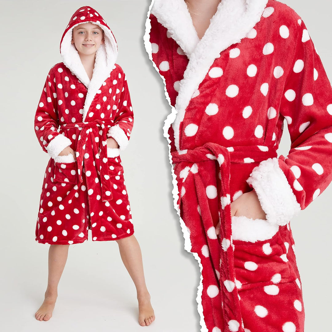 CityComfort Bademantel Kinder Mädchen, Fleece Morgenmantel Kinder Dressing Gown mit Punkten 11-12 Ja