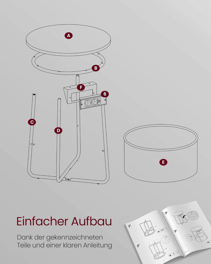 VASAGLE Beistelltisch rund, Kleiner Tisch, Couchtisch mit Steckdose, Wohnzimmertisch, Korb aus Stoff