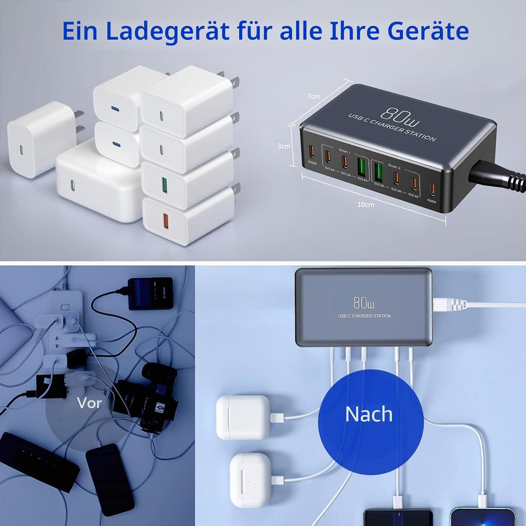 KitBox Mehrfach USB C Ladegerät Handy Schnellladegerät 70W Multi Ladestation mit 6* USB-C und 2* Min