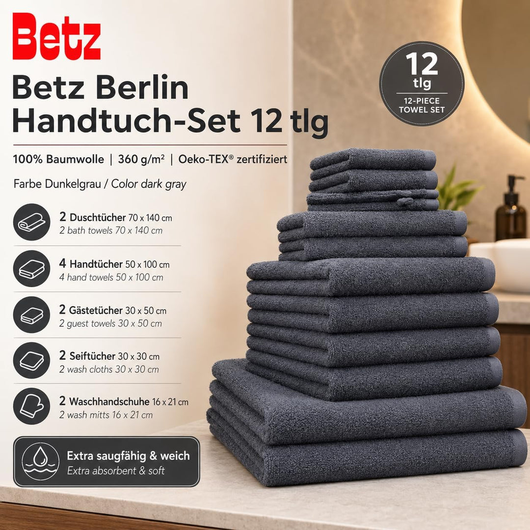 Betz 12 TLG. Handtuch Set Berlin 100% Baumwolle Liegetücher, Handtücher, Gästetücher, Seiftücher und
