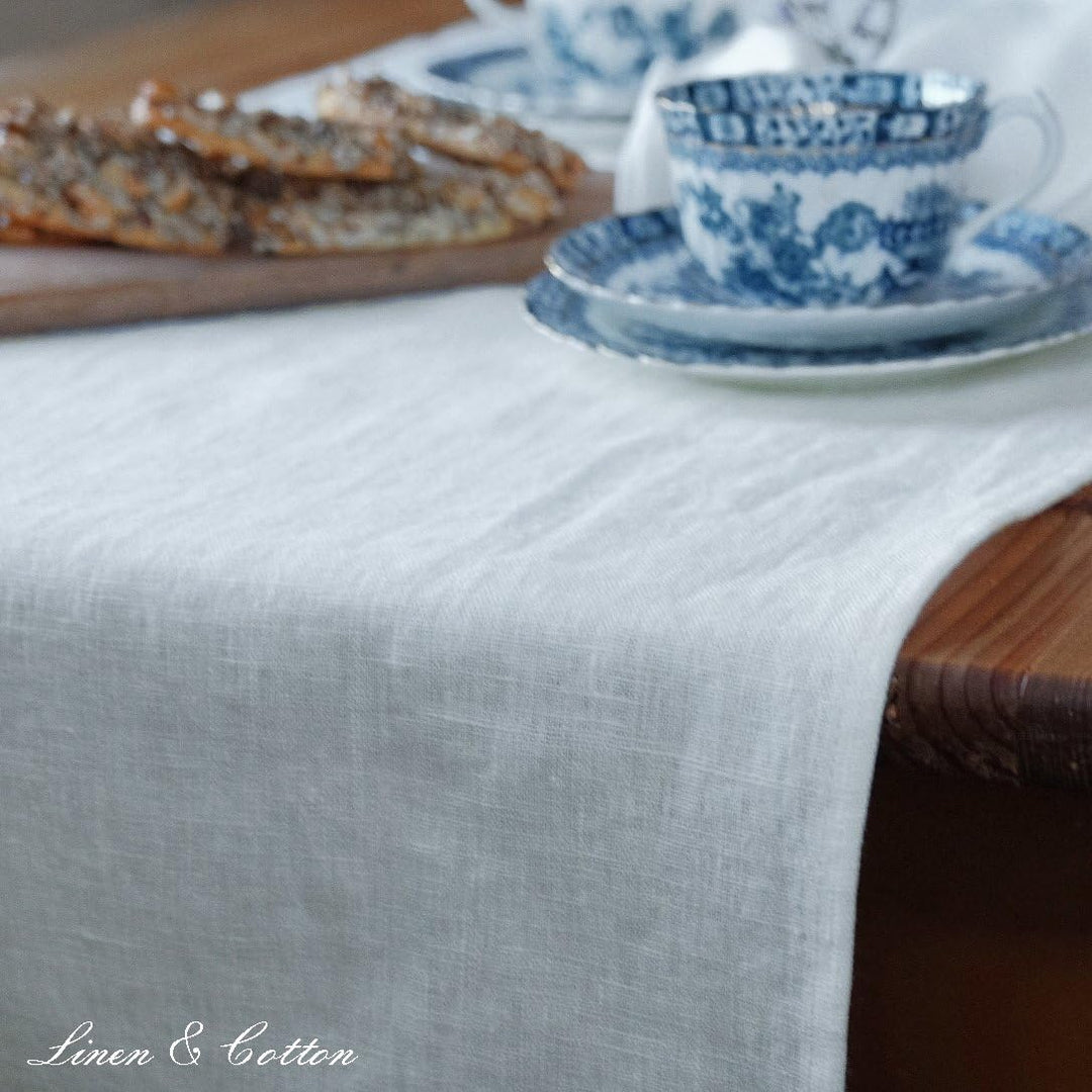 Linen &amp; Cotton Vintage Rustikal Shabby Chic Tischläufer Stoff Rustico -100% Leinen, Ecru Weiss Weiss
