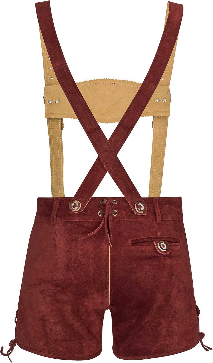 Damen Lederhose kurz - Trachtenlederhose Bergrose - Trachtenhose Hotpants mit Hosenträger 38 Rot, 38