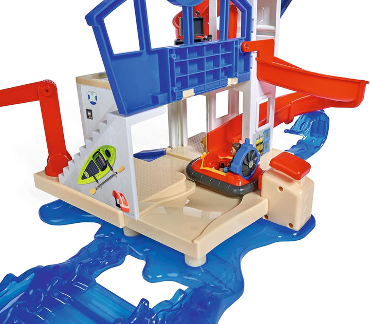 Simba 109252518 - Feuerwehrmann Sam Neue Wasserwacht, mit Sound, mit Landeplatz für Helikopter, Wall