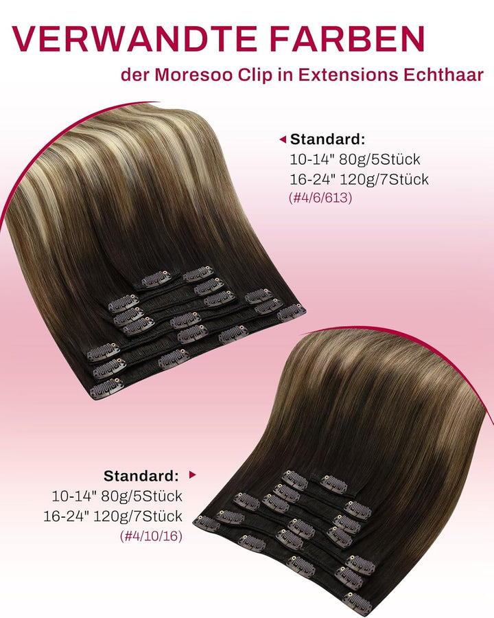 Moresoo Clip in Extensions Echthaar Remy Braun Extension Echthaar Clips Dunkelbraun bis Hellbraun mi