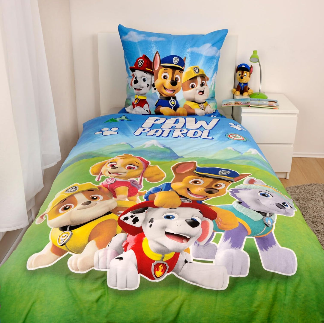 Herding Bettwäsche-Set, Paw Patrol, Kopfkissenbezug 80 x 80 cm mit Reissverschluss und Wende-Motiv,