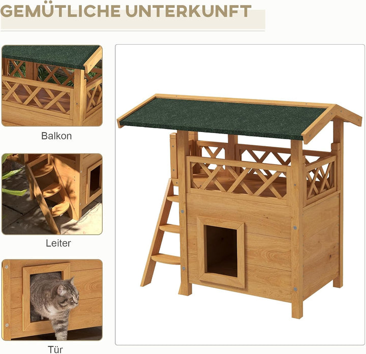 PawHut Katzenhaus aus Holz Winterfest wasserdicht Katzenhütte mit Asphaltdach Terrasse Treppe Katzen