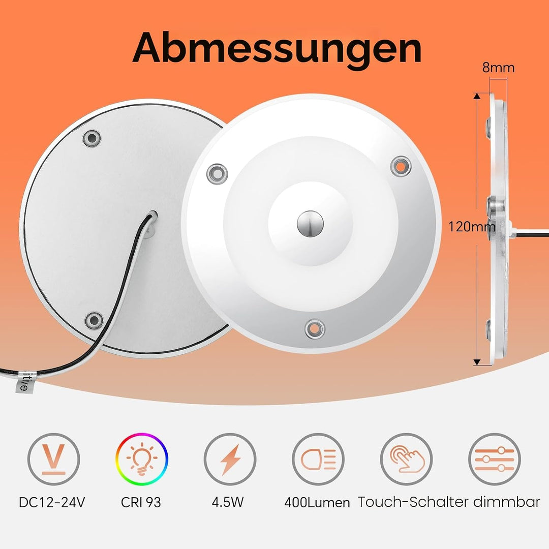 Obeaming 12V LED Deckenleuchte Wohnmobil, Dimmbar Panel Leuchte 120mm 4,5W 400LM Zwei Farbe (Warm We