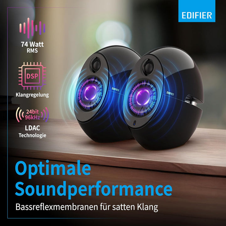 EDIFIER Luna E25 Design-Lautsprecherset mit Bluetooth (74 Watt), schwarz schwarz glänzend, schwarz g