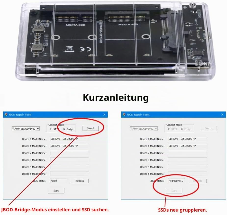 Xiwai Dual MSATA Mini-SATA SSD Karte JBOD Raid0 Span Bridge zu USB 3.0 Typ-C USB-C 2,5 Zoll SATA Com