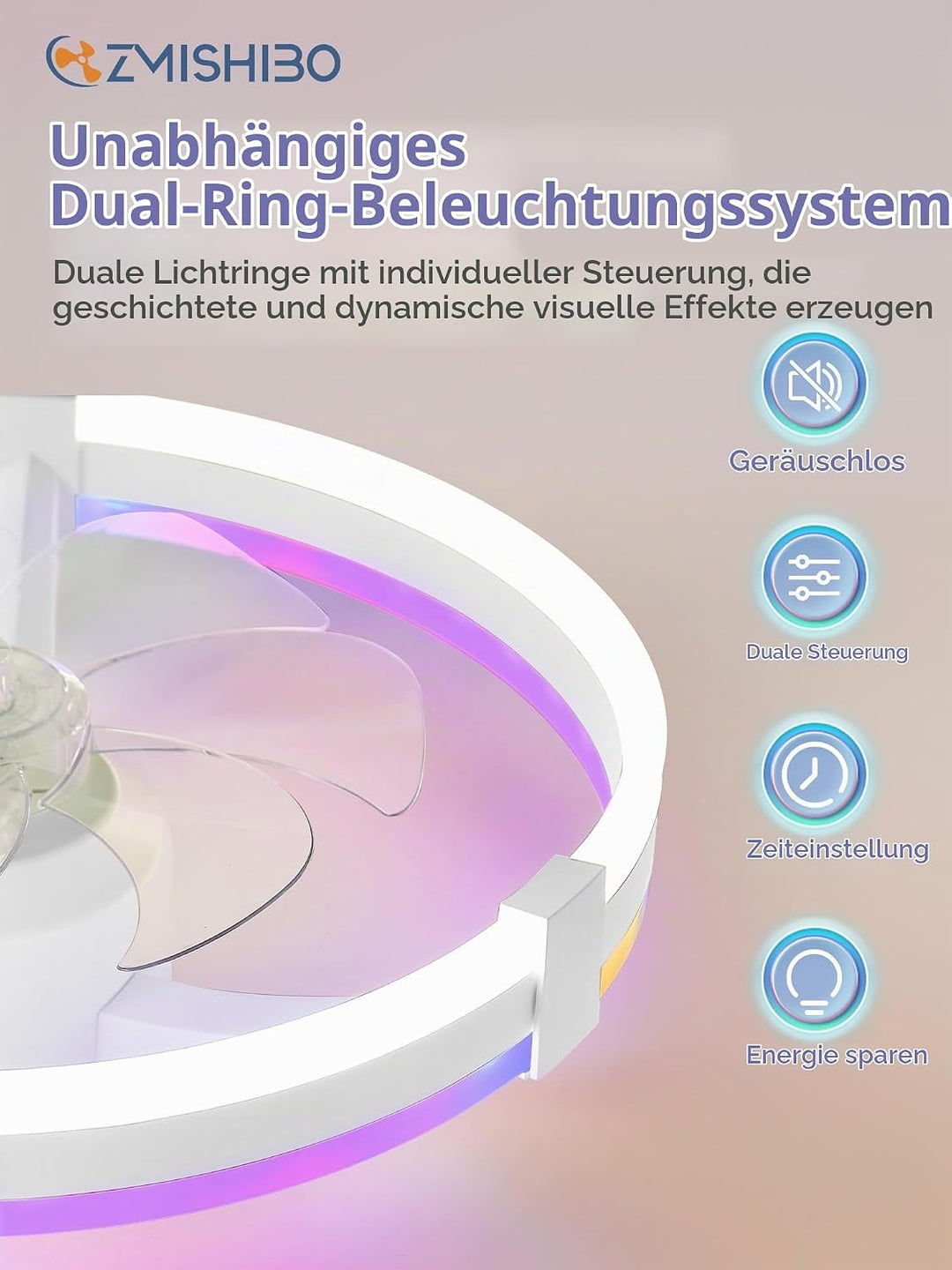 ZMISHIBO 51 cm RGB-Deckenventilator mit Licht,Fernbedienung &amp; APP-Steuerung,6 Geschwindigkeiten, Vor