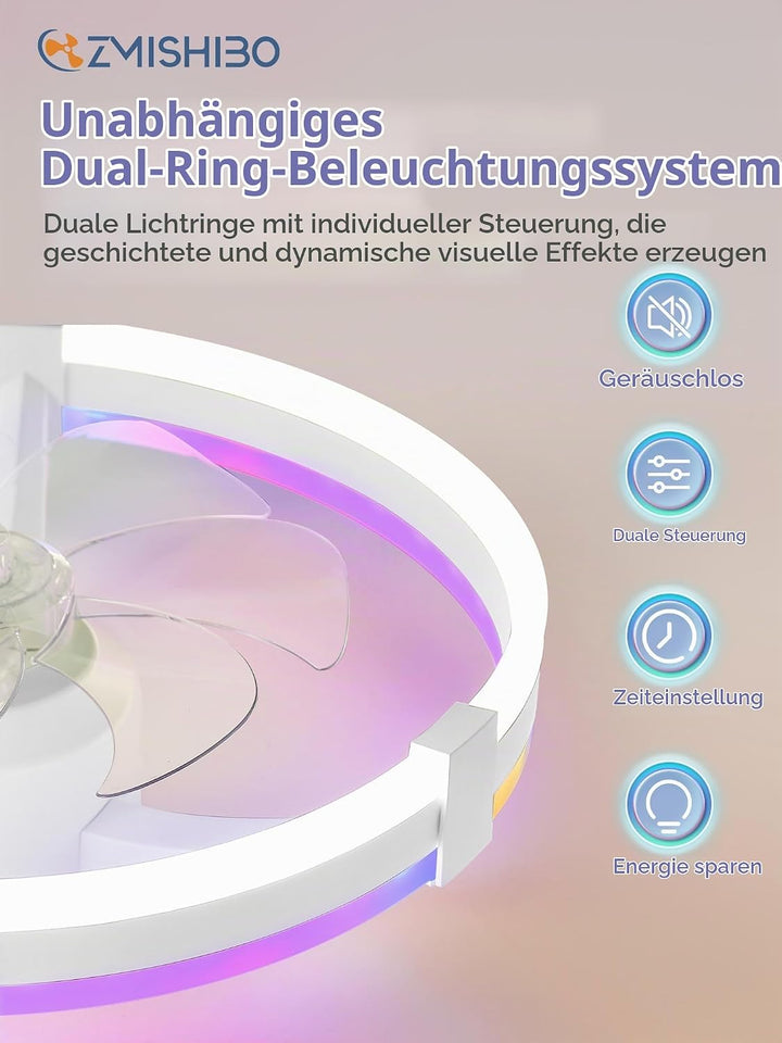 ZMISHIBO 51 cm RGB-Deckenventilator mit Licht,Fernbedienung &amp; APP-Steuerung,6 Geschwindigkeiten, Vor