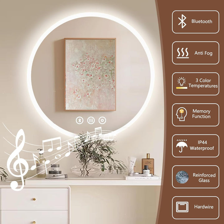Badezimmerspiegel Mit Licht, 60cm Badspiegel Mit Beleuchtung Mit Bluetooth, 3 Lichtfarbe Dimmbar, An