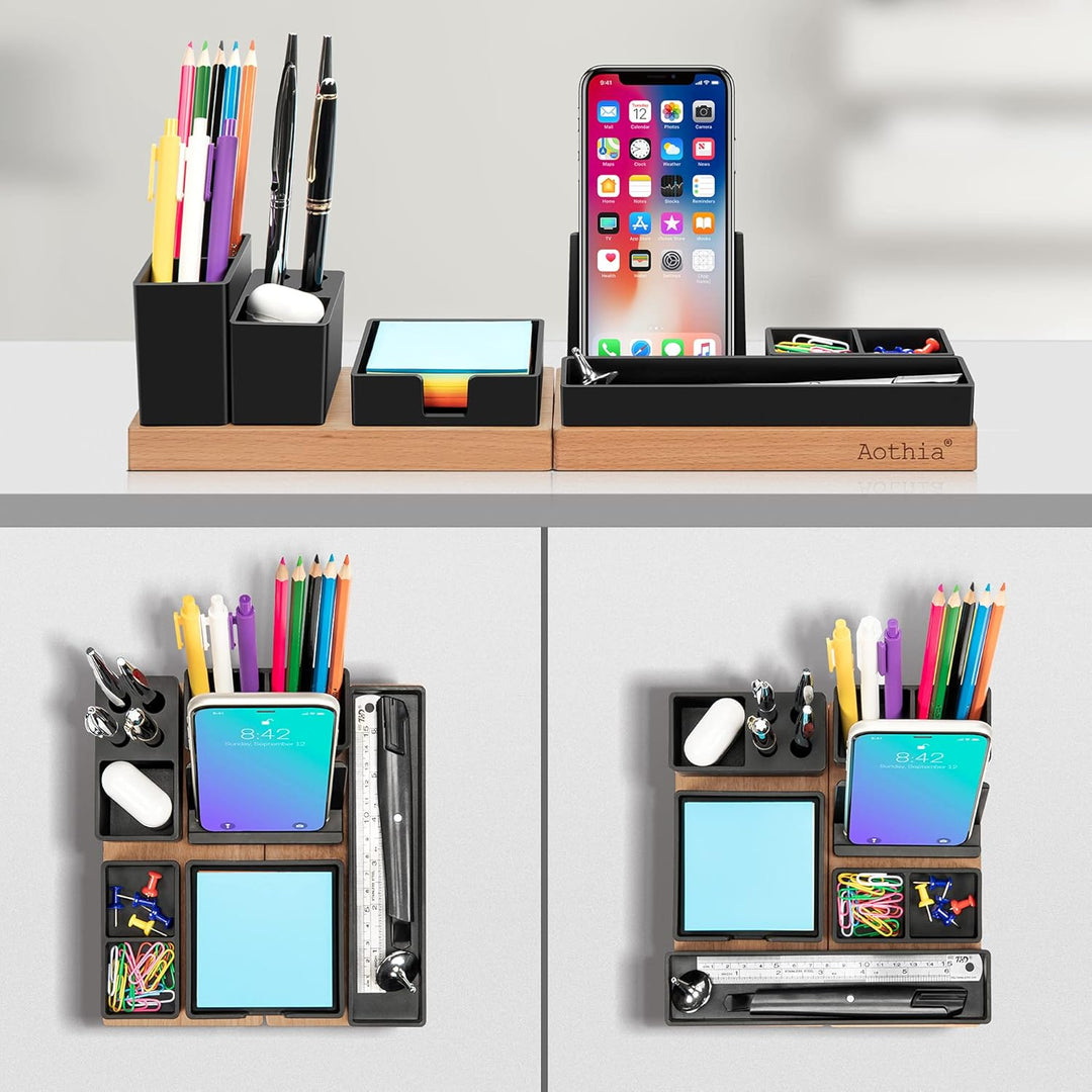 Aothia Schreibtisch Organizer Tischorganizer Holz-Büro Organizer-Verstellbarer Stifthalter, Telefons