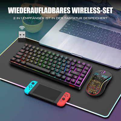 RedThunder K84 Kabelloses Gaming Tastatur und Maus Set, QWERTZ DE Layout, Wiederaufladbare Kompakte,