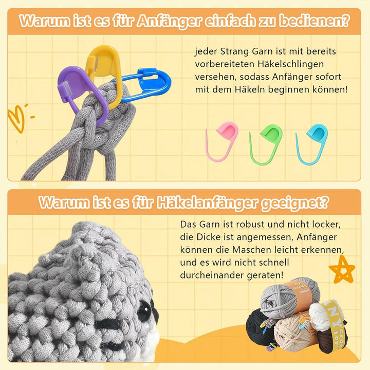 VZU Häkelset für Anfänger – 3 süsse Katzen, Komplettes Amigurumi Starter-Set mit Garn, Haken, Nadeln