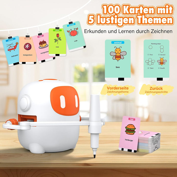 Zeichenroboter für Kinder mit 100 Karten und 12 Stiften, Sprechender Malroboter mit Sprachsteuerung,