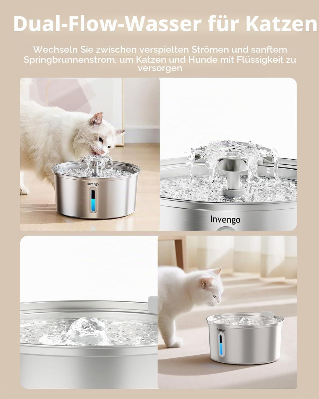 Katzenbrunnen Edelstahl, 3.2L Trinkbrunnen für Katze mit Blumenfontäne, LED-Anzeige, Wasserstandsanz