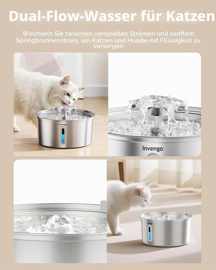 Katzenbrunnen Edelstahl, 3.2L Trinkbrunnen für Katze mit Blumenfontäne, LED-Anzeige, Wasserstandsanz