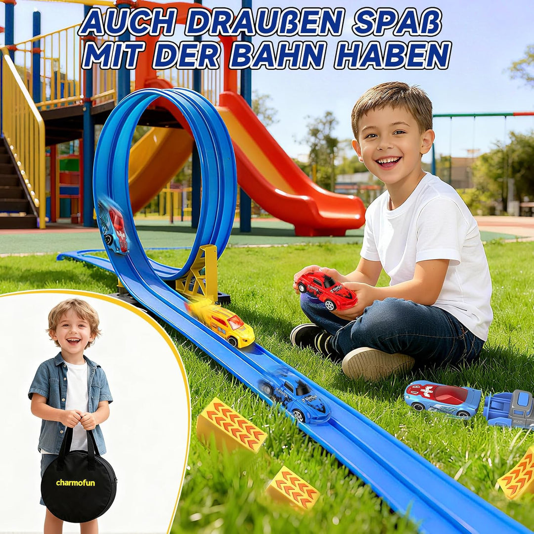 Charmofun Autorennbahn für Kinder 5M, Flexible Rennbahn Kinder mit 4 Autos, Aufbewahrungstasche, Kat