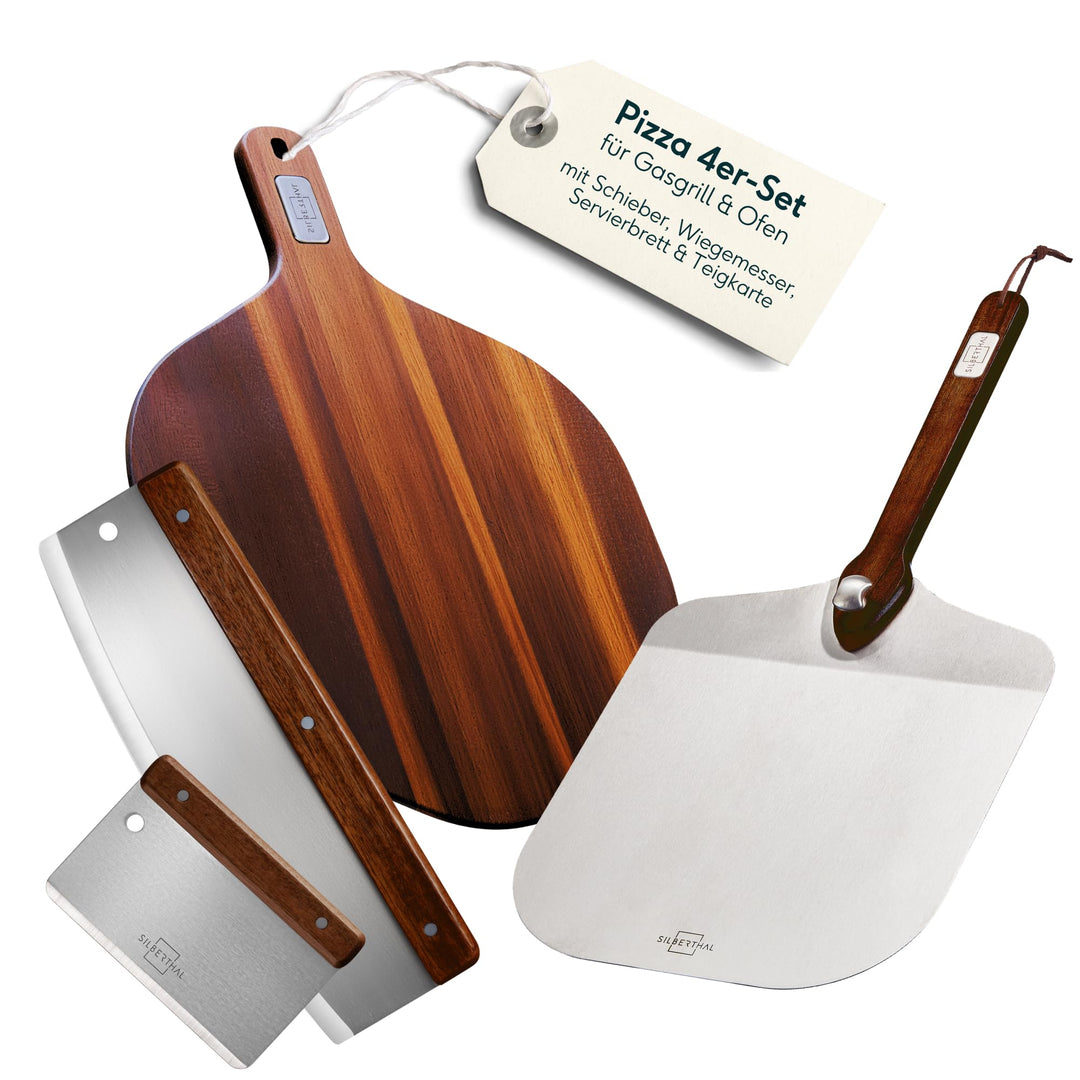 SILBERTHAL Pizza Set Zubehör 4 teilig Set 4er Set | Schieber, Schneider, Servierbrett &amp; Teigkarte, S