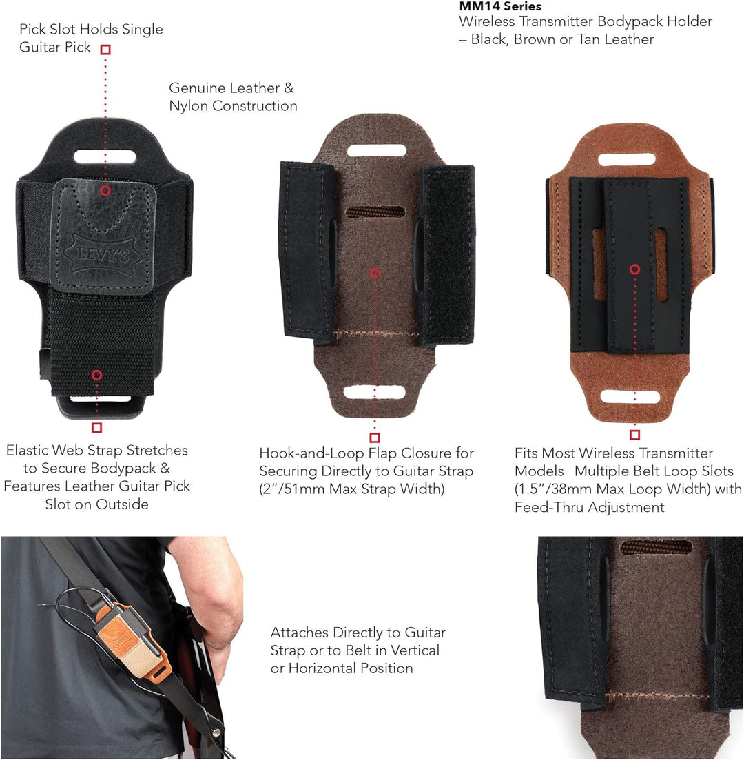 Levy's Leathers MM14-BLK Accessories Kabelloser Senderhalter, Leder, Schwarz, Schwarz