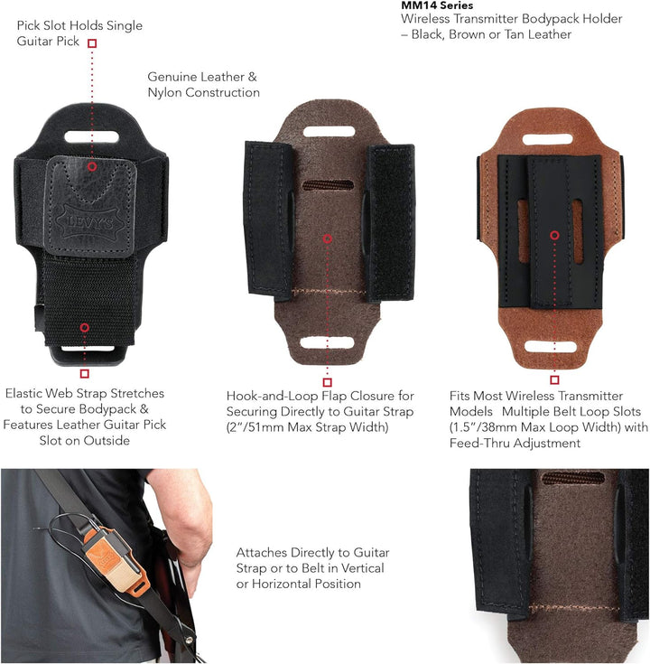 Levy's Leathers MM14-BLK Accessories Kabelloser Senderhalter, Leder, Schwarz, Schwarz