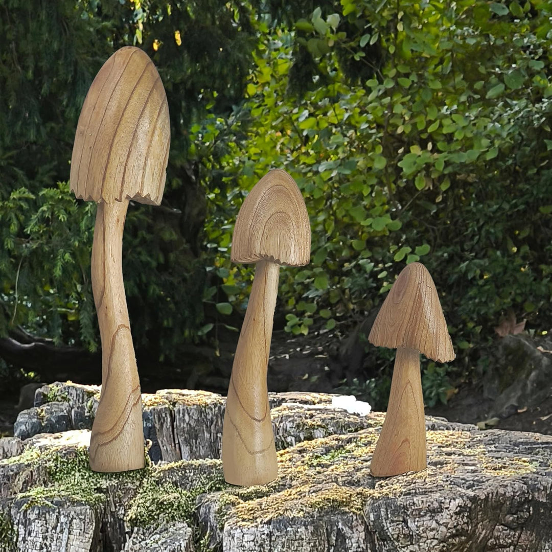ART-CRAFT Naturnahe Holzpilz-Deko Set mit 3 handgeschnitzten Pilzen 40-30-20 cm hoch - Für Balkon, T