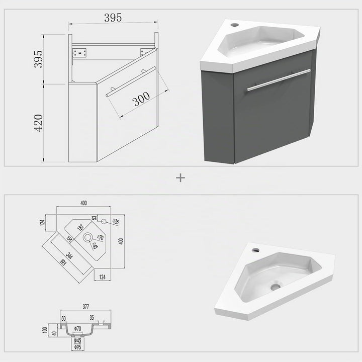 Eckwaschtisch 40 cm Eckschrank Vormontieren Waschbecken mit Unterschrank Waschtisch kleinmöbel Anthr