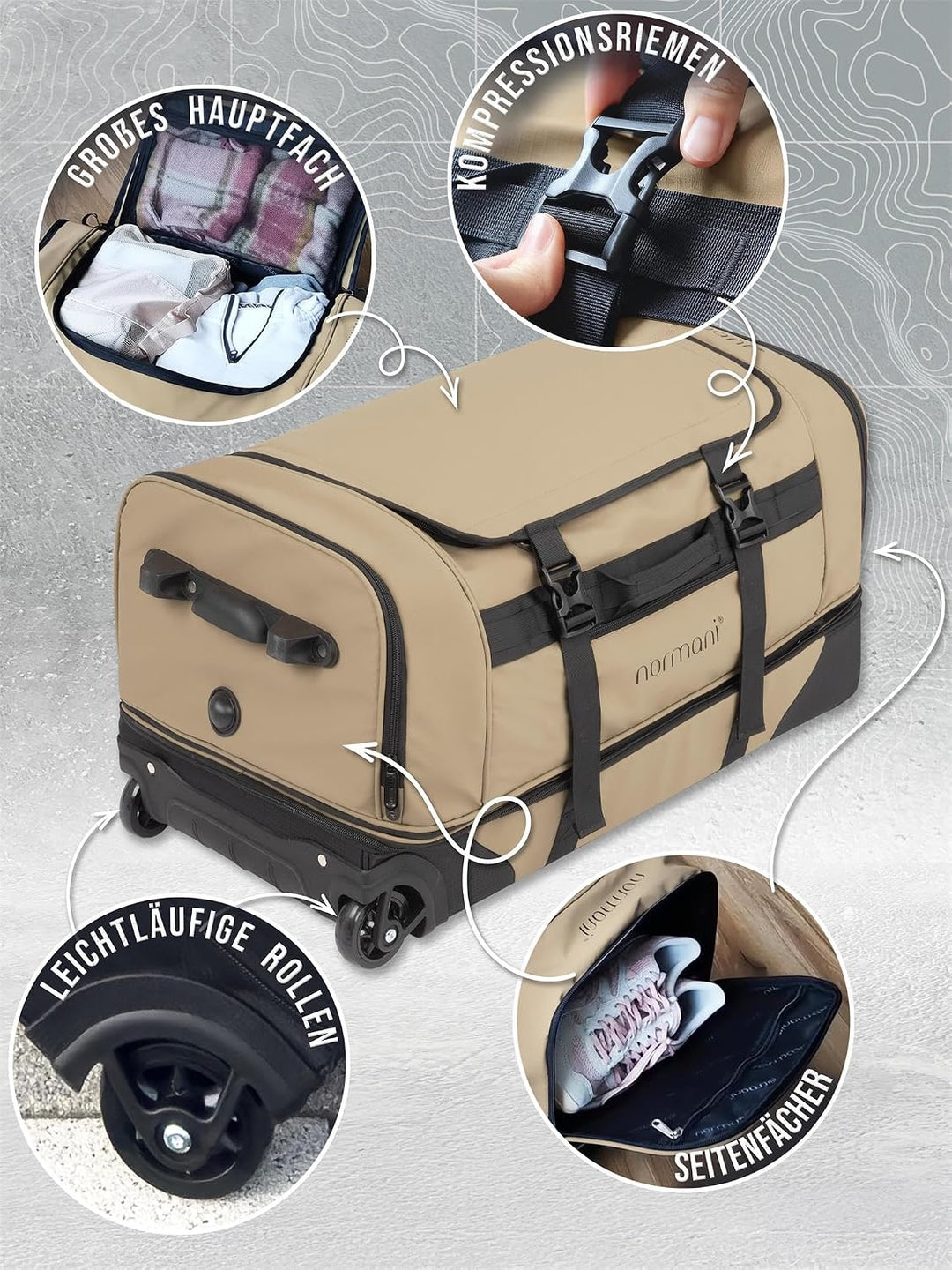 normani XXL Reisetasche 100-120 Liter 2-Rad Trolley gross Weichgepäck Travel Bag mit Rollen und 8 Fä