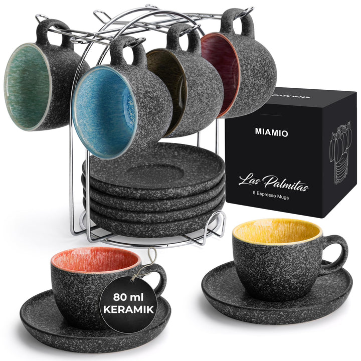 MIAMIO - Espressotassen 80 ml - Las Palmitas Collection (Dunkelgrau) | mit Untertassen, aus Keramik,