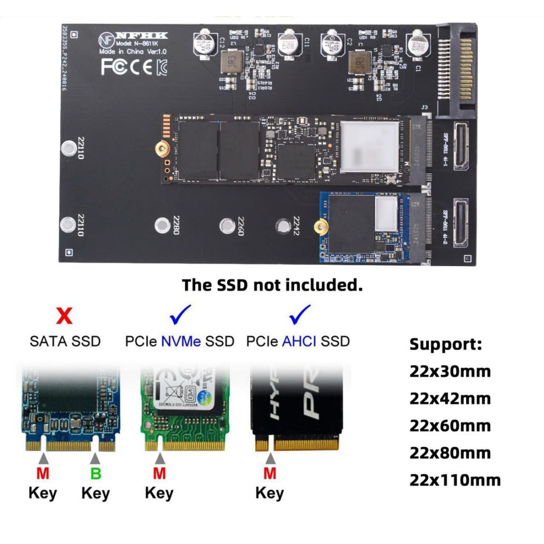 chenyang M.2 zu Oculink Adapter, PCIe NVME/AHCI SSD 2 zu 2 SFF-8611/8612 Adapter unterstützt 2230/22