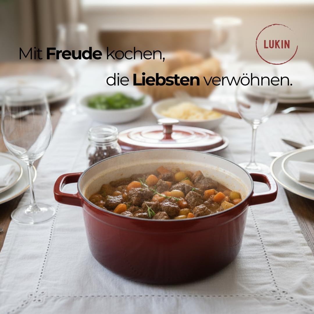 Lukin Schmortopf aus Gusseisen | Emailliert | Kirschrot | 24 cm - 3,5L | Bräter mit Deckel | für all
