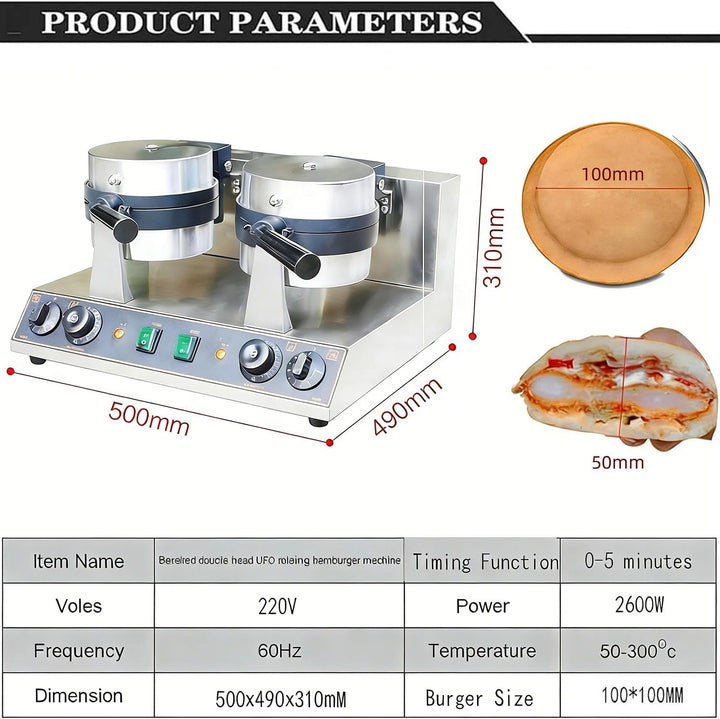 UFO Burger Maker, Edelstahlkörper, Zweiseitige Heizung, Einstellbare Temperatur & Timer, Zeiteinstel