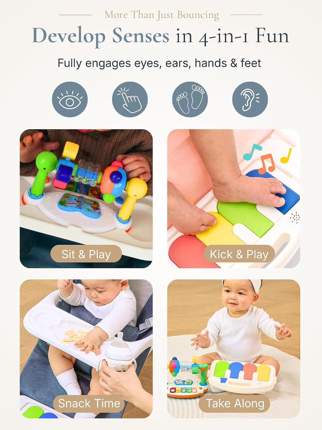 CuddoBaby 4-in-1 Babywippe mit Rädern, abnehmbares Klavier &amp; Futtertablett, 3-stufig verstellbarer k