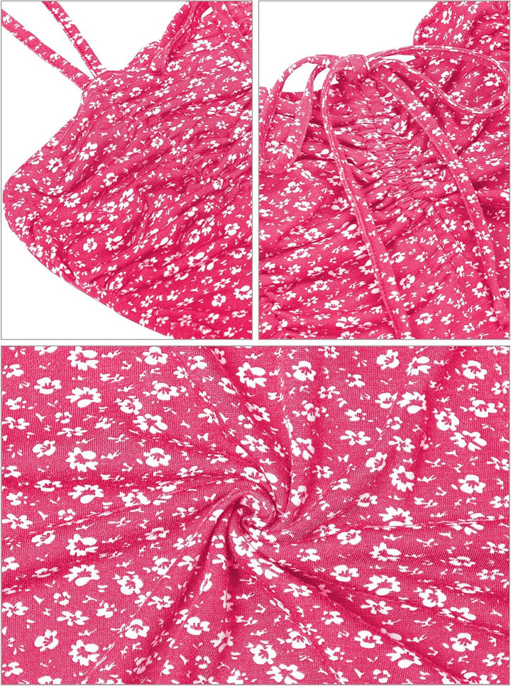 Missufe Damen Sommerkleid Swing Blumenkleid Freizeitkleid Spaghettiträger Cami Kleider XS Heisses Ro