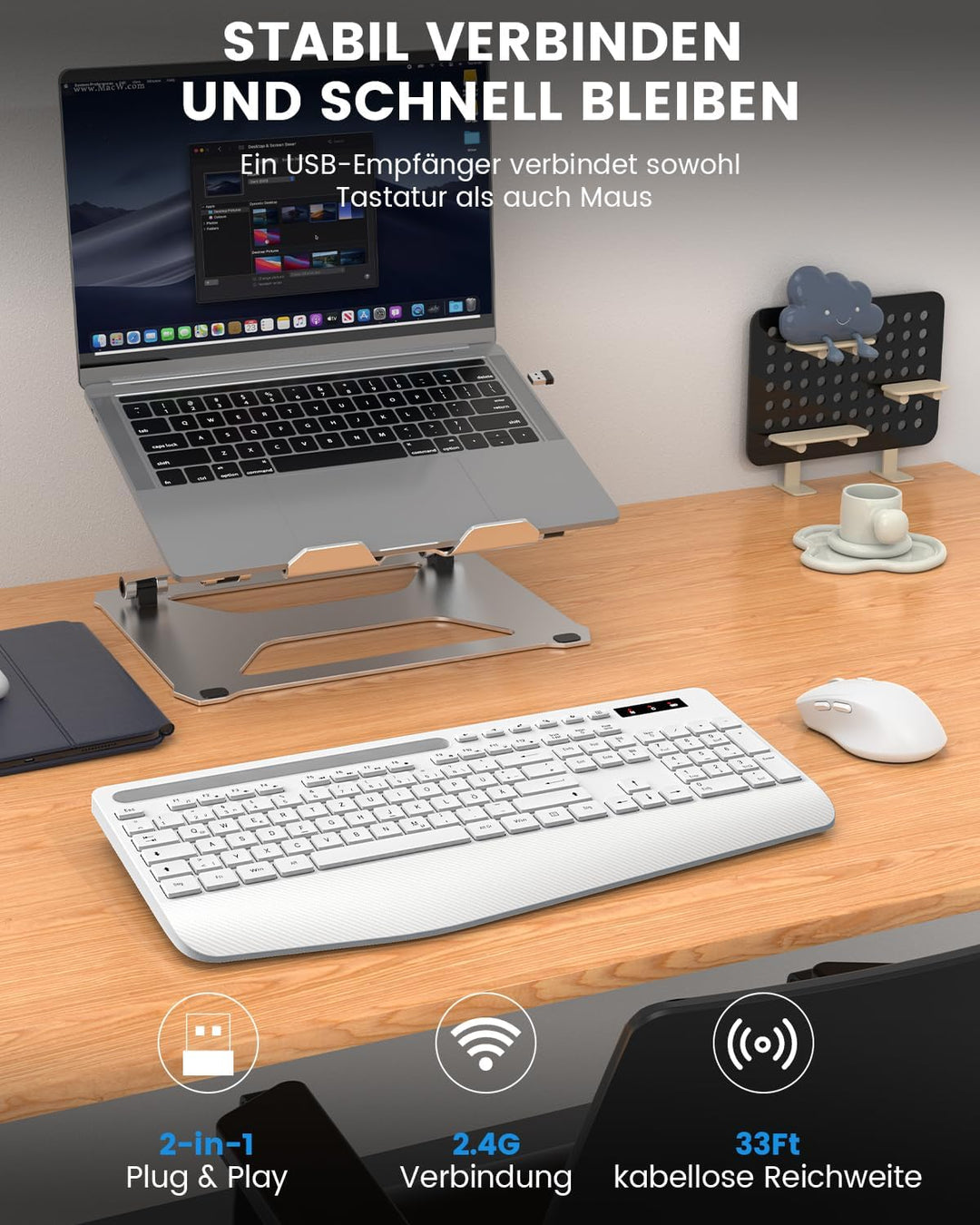 Tastatur Maus Set kabellos, 2.4G keine Latenz Ergonomische Tastatur kabellos Set, Handballenauflage,
