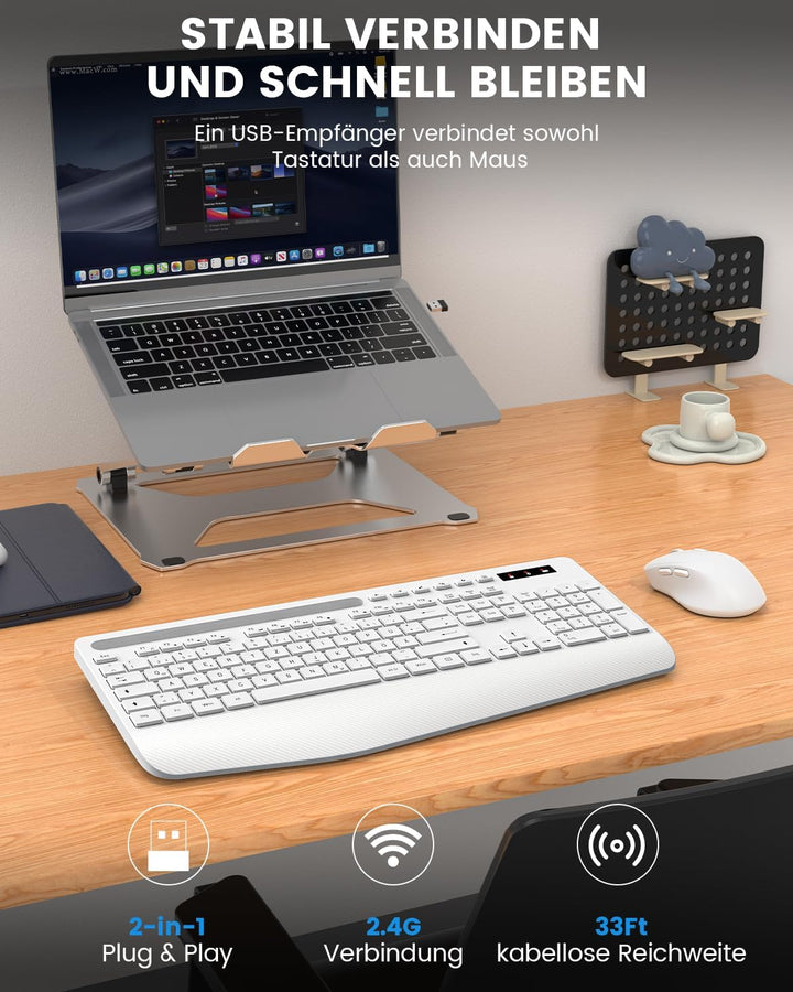 Tastatur Maus Set kabellos, 2.4G keine Latenz Ergonomische Tastatur kabellos Set, Handballenauflage,