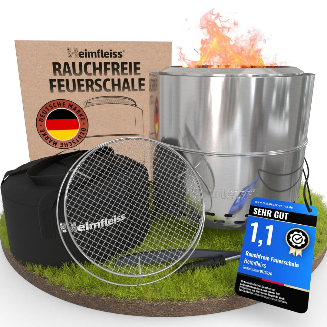 Heimfleiss® Rauchfreie Feuerschale Edelstahl Ø50cm | Feuerkorb mit Grillrost | Feuerschale Rauchfrei