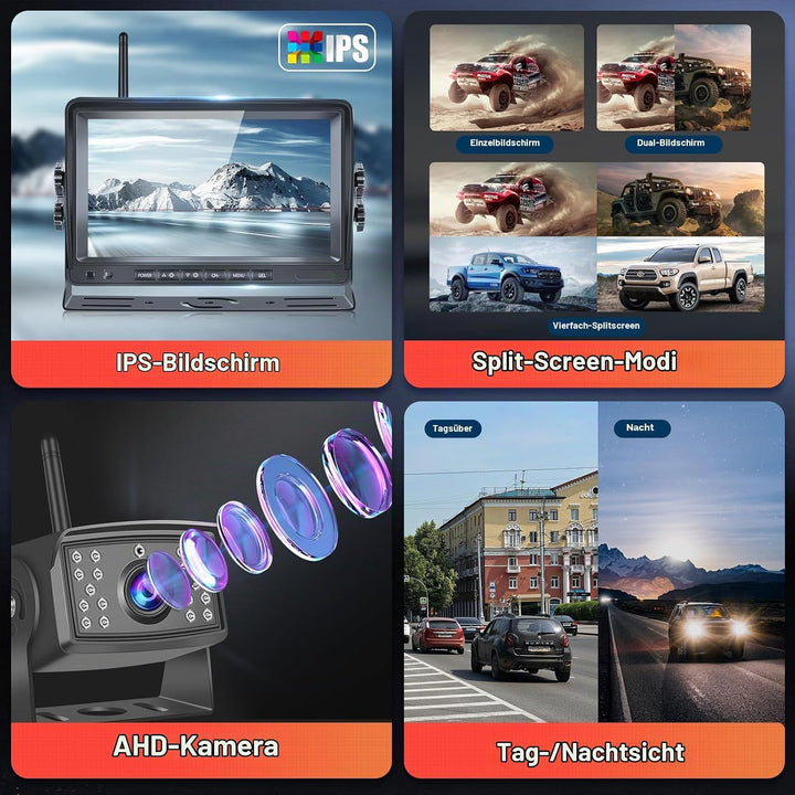 Rückwärtskamera KIT, Hodozzy Digitale Kabellos Rückfahrkamera 7 Zoll IPS Bildschirm Monitor Set AHD