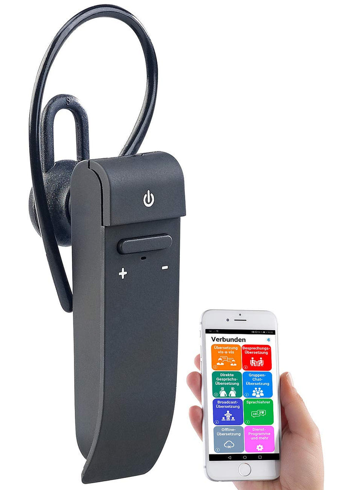 Callstel Sprachübersetzer: 2in1-Live-Übersetzer und In-Ear-Mono-Headset, kabellos, Bluetooth, App (T