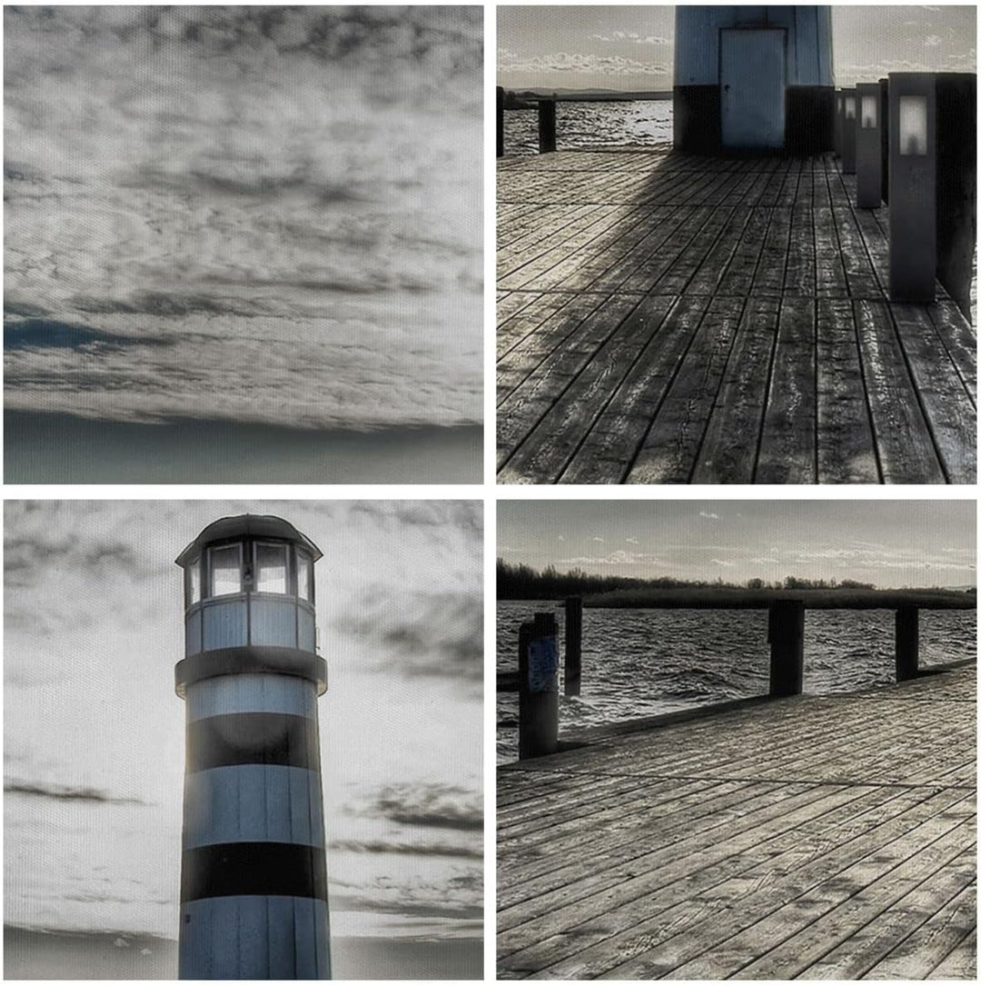 Bilder auf Leinwand See Leuchtturm Holzbrücke Wasser Leinwandbild 70x50cm Wandbilder Dekoration Wohn