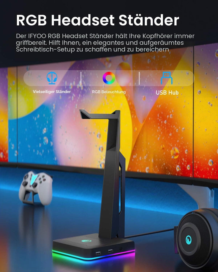 RGB Gaming Headset Ständer mit 2 USB Ports, Game Kopfhörer Halterung für PC, Xbox One, PS4, Switch,