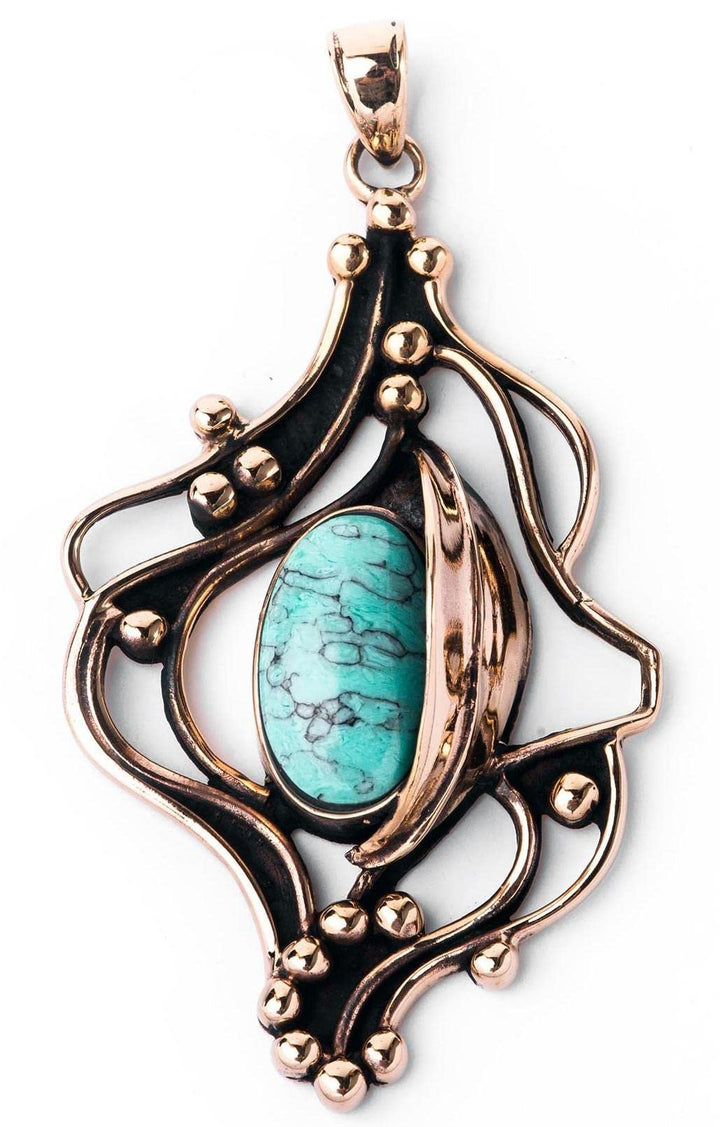 Windalf Grosser Bohemian Schmuck Anhänger ISIRA 6.5 cm Türkis Zauberblatt Bronze