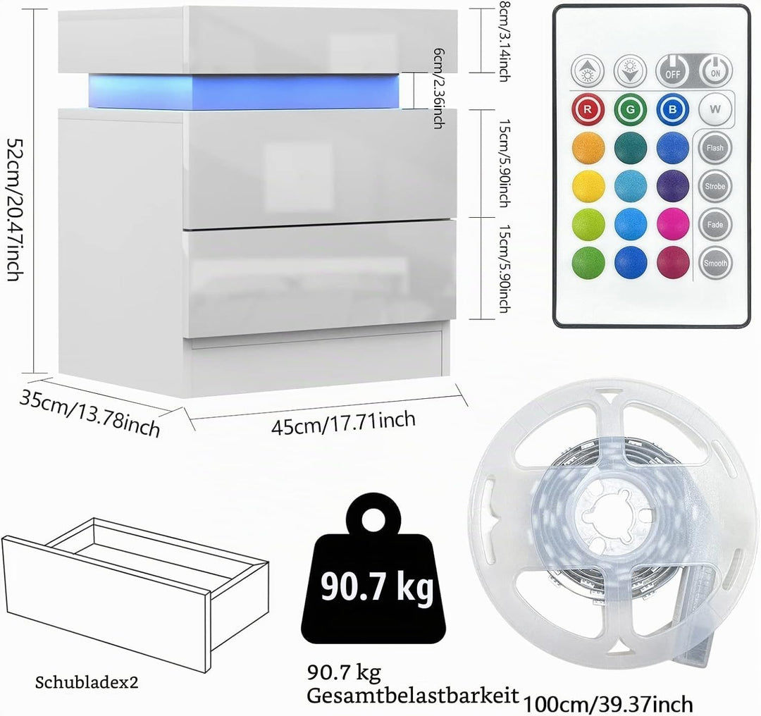 Lvhecforhm Nachtschrank Weiss, Hochglanz Nachttisch, Modern Nachttisch 2 Schubladen, Nachtischschrän