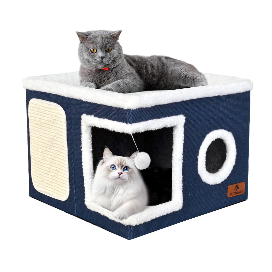 Katzenbetten für Indoor-Katzen, überdachtes Katzenhöhlenbett mit Kratzunterlage und flauschigem Ball